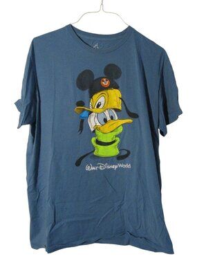 Walt Disney World XL Blue Stacked Hats Tee Shirt Mickey Donald Pluto Goofy